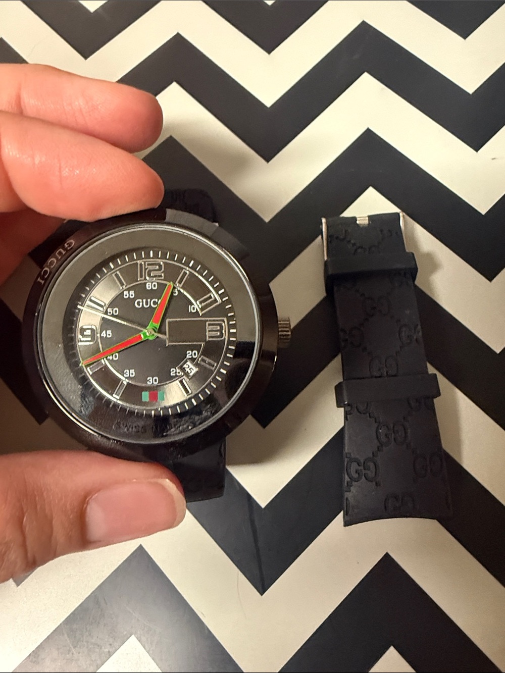 Broken G Black Watch with Green and Red Dial Accents